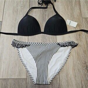 Aerie Mixed Bikini Set Seersucker Ruffle Bottom Black Push Up Top Women's XXS